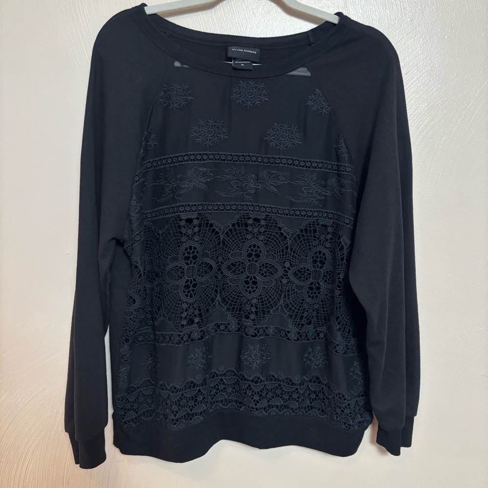 Liv Los Angeles Sweatshirt Long Sleeve Top Lace Eyelet Sheer Front Black Size XL